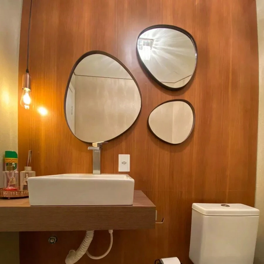Decorative Organic Mirror Trio Kit Leather Edge Various Colors Modern For Office Living Room Bedroom Bathroom + Hanger - Café integral - Ver 1