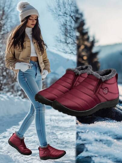 Wasserdichte rote Winterstiefel mit Thermofutter und elastischem Verschluss für Damen, warm, bequem, rutschfest und geeignet für große Größen - es wird empfohlen, eine Nummer größer zu bestellen