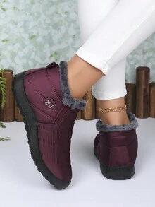 2025秋冬新款黑色及踝雪地靴，男女通用保暖毛绒袖口一脚蹬短靴，轻便柔软舒适防滑休闲靴，爸爸妈妈穿大码，请订购大一码 - 酒紅色 - 查看 6