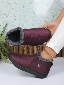 2025秋冬新款黑色及踝雪地靴，男女通用保暖毛绒袖口一脚蹬短靴，轻便柔软舒适防滑休闲靴，爸爸妈妈穿大码，请订购大一码 - 酒紅色 - 查看 3