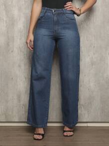 Shein Women's Wide Leg High Waisted Slim Butt 100% Denim Jeans - 藍色 - 查看 2