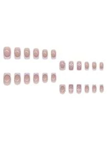 Set de 24 uñas postizas de longitud corta y forma cuadrada con puntas francesas blancas con recorte en forma de corazón, con incrustaciones de rhinestones y perlas, de alta brillo y autoadhesivas, incluye pegamento de gel y lima de uñas mini para bodas y uso diario