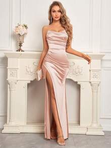 Đầm dạ hội satin không dây vai, xếp ly, xẻ tà cao, thanh lịch, thích hợp cho khách dự đám cưới, lễ tốt nghiệp, tiệc gala, tiệc Valentine và các dịp khác. - Bụi hồng - Xem 4