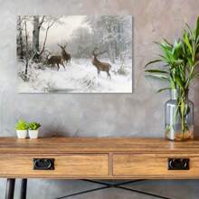 1pc Framed Vintage Deer Painting Winter Landscape Canvas Print Wall Art Mystic Forest Mountain Landscape With Deer Nature Wilderness Poster Modern Art Rustic Scenic For Living Room Bedroom Holiday Prints - White - View 10