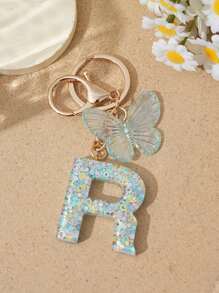 1pc Creative Keychain With Letter Stone Resin Pendant, Butterfly Tassel Letter Charm Keyring For Girls - White - View 32