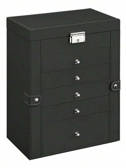  SONGMICS Caja para Joyas de 6 Niveles, Caja Joyero con 5 Cajones, Interior con Espejo, Cerradura, Regalo Ideal, para Relojes, Negro