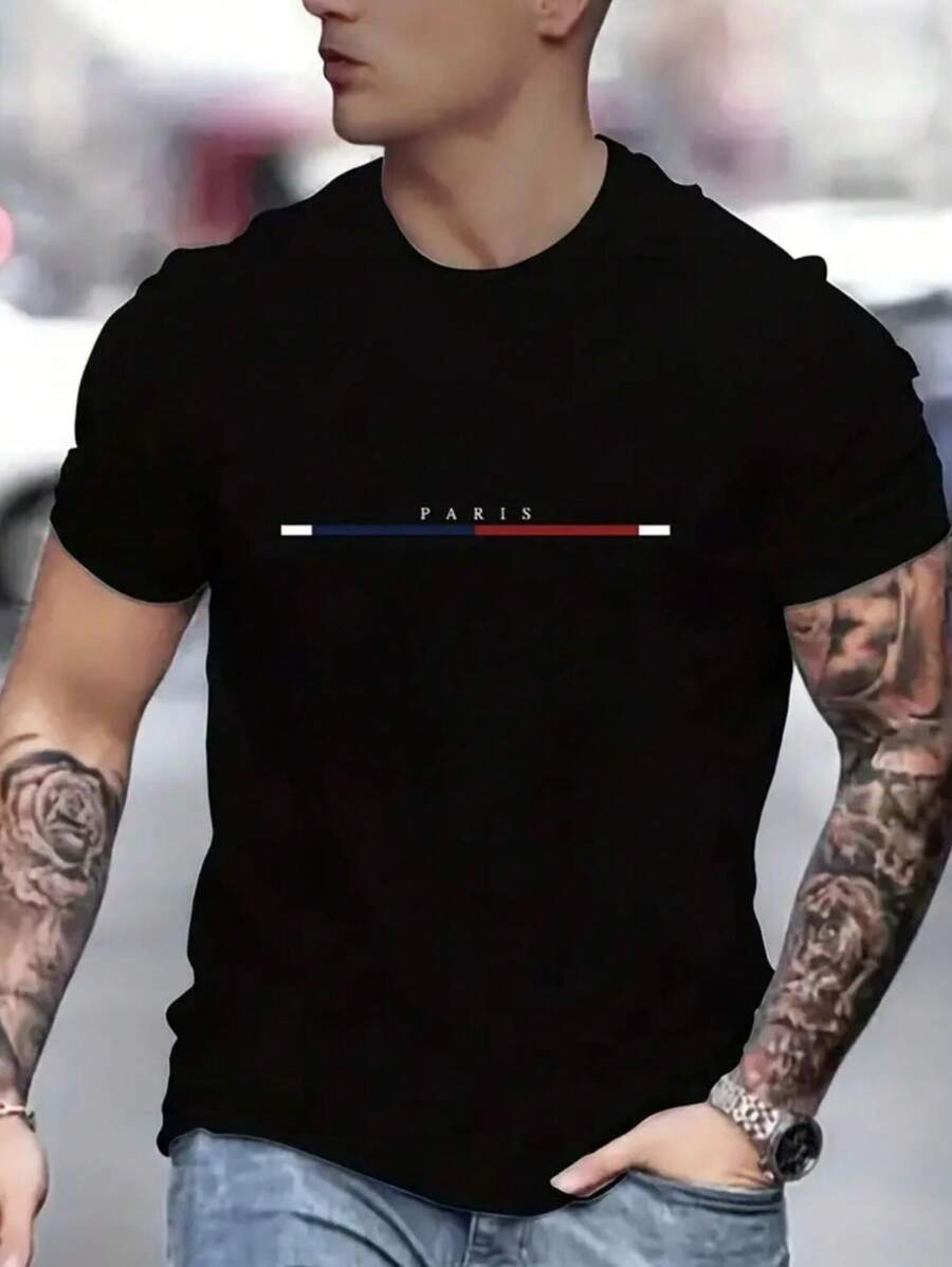 Men's Basic Paris Casual Printed T-Shirt Shirt 30.1 Premium - Black - View 1