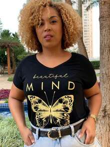 Plus Size Butterfly Print T-Shirt V-Neck GG G1 G2 G3, Lightweight Fabric, Great Fit And Comfort, Women's Blouse - màu đen - Xem 4