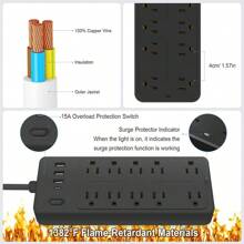 14-In-1 Power Strips With Surge Protection 1700J, 10 Outlets With 4 USB Ports (1 USB C) Long Extension Cord With Multiple Outlets 16Awg 1625W/13A Flat Plug Power Strip Protector Black And White - màu đen - Xem 6