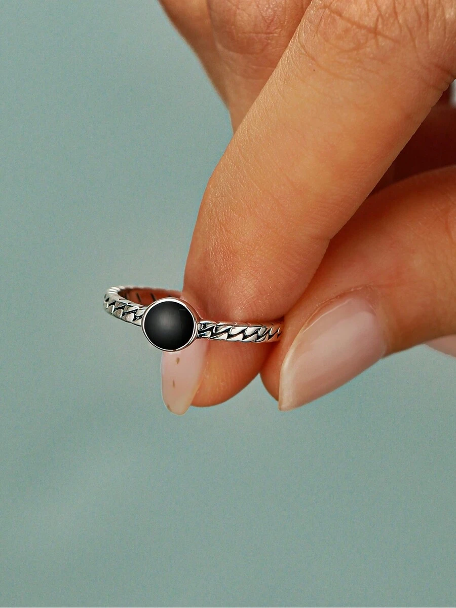 GAGAFEEL 1 件 S925 纯银食指戒指，适合女士，时尚开口戒指，酷炫帅气嘻哈扭纹黑色复古滴胶接缝戒指，适合女士个性化礼物 - 銀色 - 查看 1
