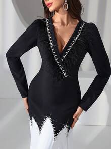 Women's Minimalist Black And White Long Feather & Rhinestone Decor Long Dress - Black and White - View 8