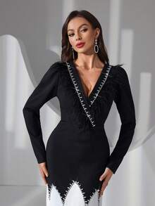 Women's Minimalist Black And White Long Feather & Rhinestone Decor Long Dress - Black and White - View 5