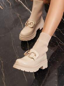 Beige Platform Boots With Gold Links – Chic Style And Modern Comfort - Beige - View 3