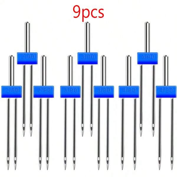 EDCUEBE7 Set de 3 piezas/9 piezas de agujas para máquina de coser de acero inoxidable, agujas dobles para coser, agujas dobles elásticas, 3 tamaños mixtos 2.0/90, 3.0/90, 4.0/90 (color aleatorio, estilo de caja de almacenamiento aleatorio)