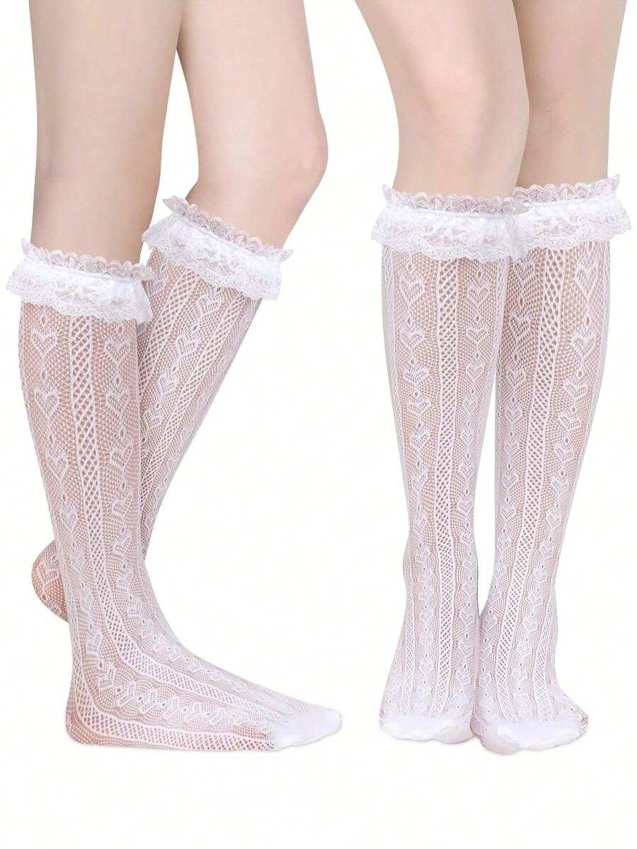 2 đôi tất ren cao đến đùi dành cho nữ, tất lưới màu đen trắng. - trắng - Xem 1