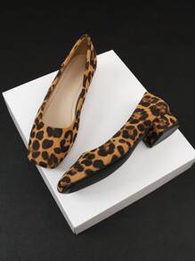 Large Size Women Leopard Print Square Toe Slip-On Chunky Heel Comfortable Loafers, All Seasons - Brown - View 6