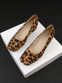 Large Size Women Leopard Print Square Toe Slip-On Chunky Heel Comfortable Loafers, All Seasons - Brown - View 5