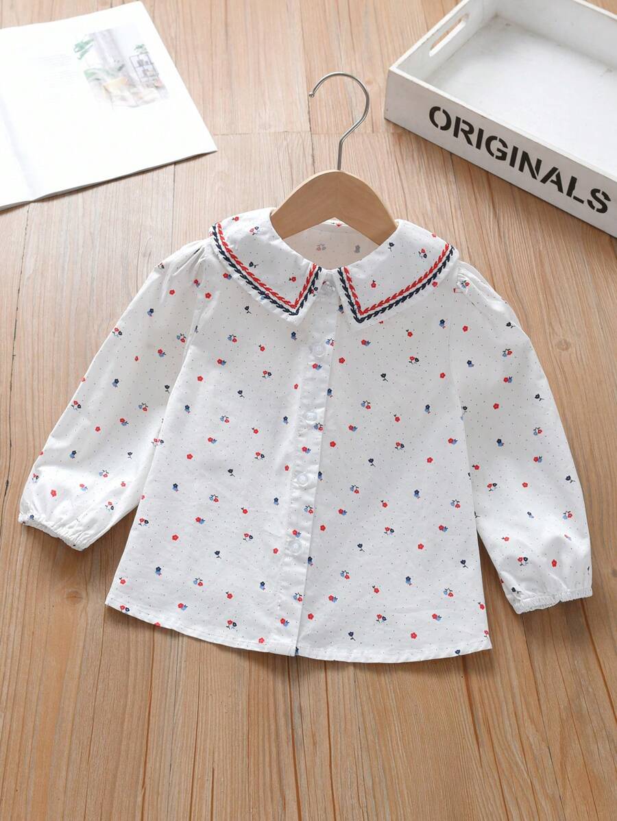 年轻女孩长袖碎花公主衬衫 - 白色 - 查看 1