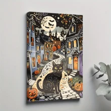 1Pc Framed Canvas Wall Art Poster Vintage Halloween Black Cat Folk Art Print  Halloween Town Wall Art, Halloween Pumpkin Artwork, Halloween Decor For Home, Halloween Poster - Black - View 1