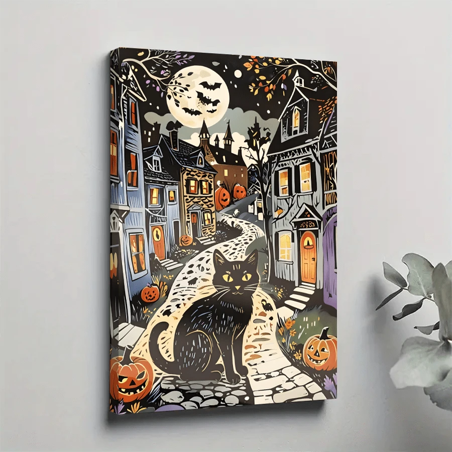 1Pc Framed Canvas Wall Art Poster Vintage Halloween Black Cat Folk Art Print  Halloween Town Wall Art, Halloween Pumpkin Artwork, Halloween Decor For Home, Halloween Poster - Black - View 1