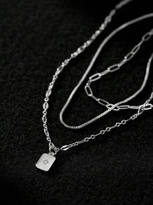 Nooxian 3pcs/Set Silver Multi-Layer Lattice Paperclip Style Necklace Chain & Shiny CZ Rectangular Pendant Necklace - Silver - View 4