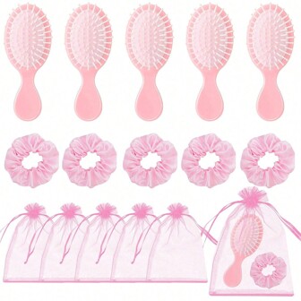 3pcs/15 Pcs Pink Party Favors Makeup Party Favors Lets Go Party Supplies Hair Accessory Includes 5 Small Hairbrush And 5 Scrunchies And 5 Organza Bag For Sleepover Party Spa Party Supplies.Christmas Presents