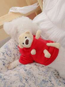 可爱熊图案宠物狗运动衫，保暖内衬，适合小型犬，秋冬季 - 紅色 - 查看 7