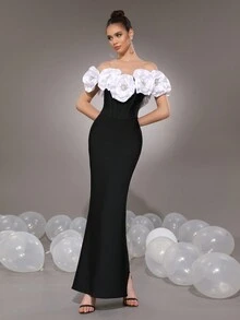 Modphy New Sexy White 3D Floral Fitted Long Bandage Dress, Women Bridesmaid Gown For Wedding, Formal Evening Party Dress Wedding Guest Dress - Black - View 4