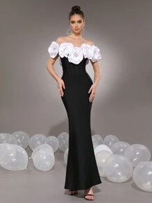Modphy New Sexy White 3D Floral Fitted Long Bandage Dress, Women Bridesmaid Gown For Wedding, Formal Evening Party Dress Wedding Guest Dress - Black - View 1