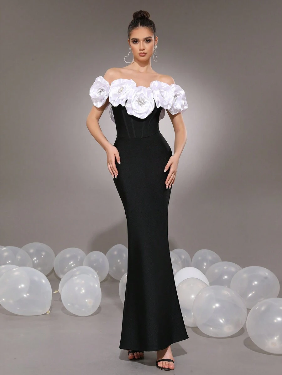 Modphy New Sexy White 3D Floral Fitted Long Bandage Dress, Women Bridesmaid Gown For Wedding, Formal Evening Party Dress Wedding Guest Dress - Black - View 1