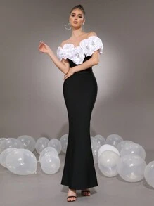 Modphy New Sexy White 3D Floral Fitted Long Bandage Dress, Women Bridesmaid Gown For Wedding, Formal Evening Party Dress Wedding Guest Dress - Black - View 3
