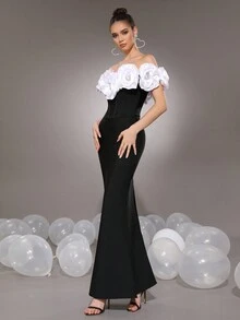 Modphy New Sexy White 3D Floral Fitted Long Bandage Dress, Women Bridesmaid Gown For Wedding, Formal Evening Party Dress Wedding Guest Dress - Black - View 5