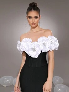 Modphy New Sexy White 3D Floral Fitted Long Bandage Dress, Women Bridesmaid Gown For Wedding, Formal Evening Party Dress Wedding Guest Dress - Black - View 7