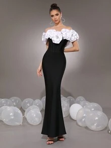 Modphy New Sexy White 3D Floral Fitted Long Bandage Dress, Women Bridesmaid Gown For Wedding, Formal Evening Party Dress Wedding Guest Dress - Black - View 2