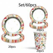 60 件/套圣诞主题一次性派对餐具套装，包括圣诞快乐一次性纸杯、饮水杯/咖啡杯、9 英寸/7 英寸一次性纸盘和甜点盘，圣诞快乐促销 - 彩色 - 查看 5