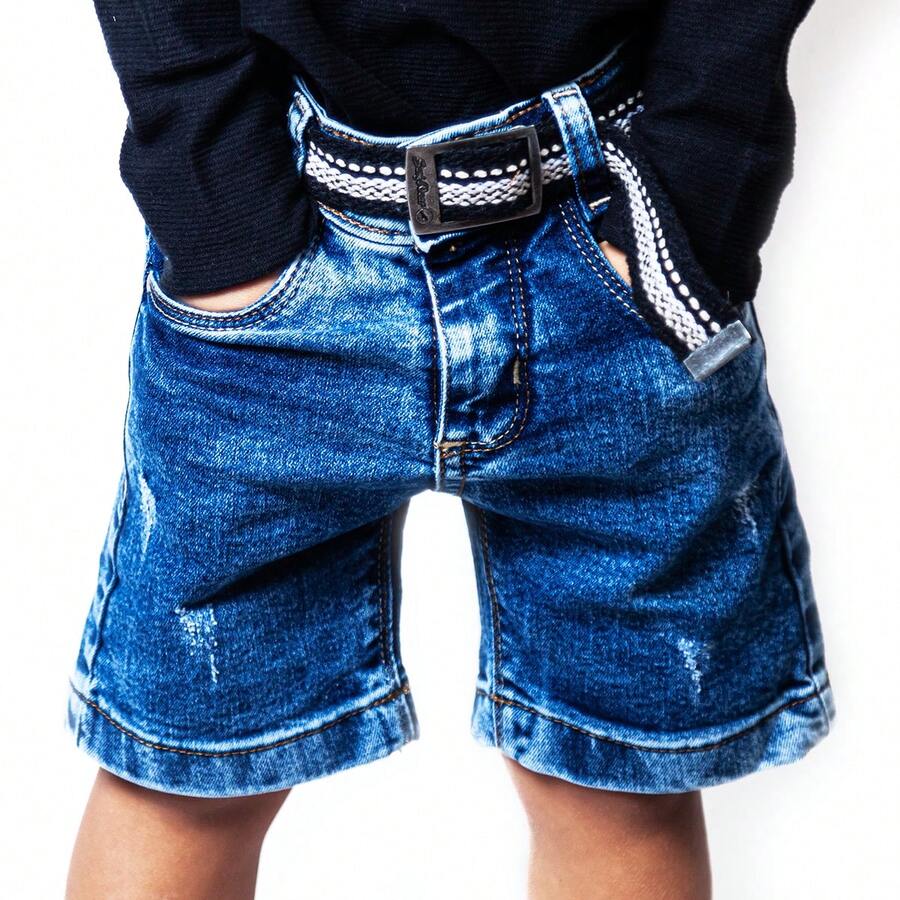 MEN'S FADED JEANS BERMUDA WITH BELT, ADJUSTABLE WAISTBAND WITH POCKET DETAIL - 藍色 - 查看 1