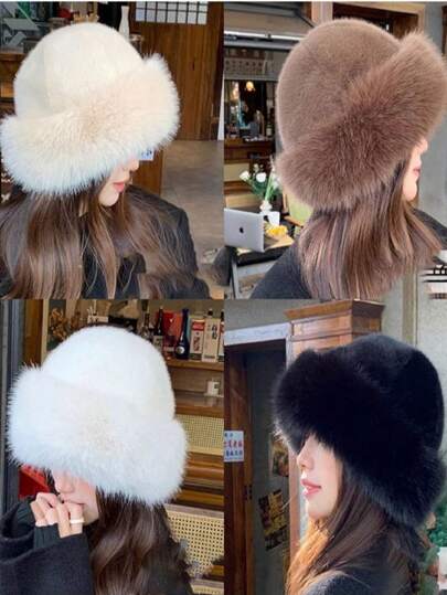 1pc Solid Color Fluffy Patchwork Thickened Warm Fluffy Bucket Hat, Autumn/Winter Halloween