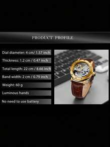 1件装奢华时尚金色镂空自动机械男士腕表，夜光指针，真皮表带，经典商务休闲男士腕表，附赠礼盒 - 金色 - 查看 7