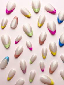 30 Móng tay giả kiểu Pháp ngắn nhiều màu sắc mùa hè Dopamine màu kẹo tươi mát dễ thương và vui nhộn đơn giản hình bầu dục che phủ toàn bộ để nâng cao vẻ ngoài của bạn, thích hợp cho tiệc tùng, hẹn hò và sử dụng hàng ngày Phụ kiện làm móng - Nhiều màu - Xem 3