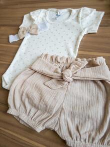 Baby Girl Set Bodysuit + Shorts + Headband - Beige - View 2