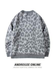 Fashionable Leopard Print V-Neck Button-Down Cardigan Sweater, Casual Loose Fit, Warm And Versatile For Men And Women, Suitable For Spring, Autumn, And Winter - Grey - View 2