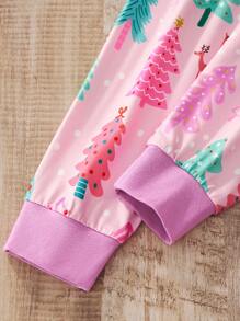 少女卡通圣诞树图案长袖上衣长裤套装，秋冬时尚 - 粉色 - 查看 4