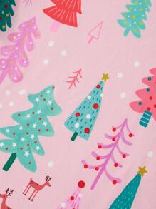 少女卡通圣诞树图案长袖上衣长裤套装，秋冬时尚 - 粉色 - 查看 6