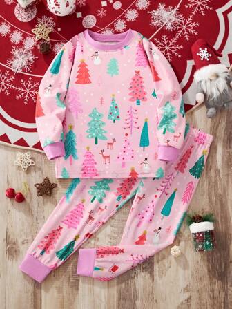 Young Girl Cartoon Christmas Tree Pattern Long Sleeve Top And Pants Set, Autumn And Winter Fashion