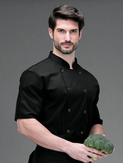 1pc Chef Coat, Unisex Stand Collar Double-Breasted Short Sleeve Breathable Lightweight Comfortable Chef Jacket