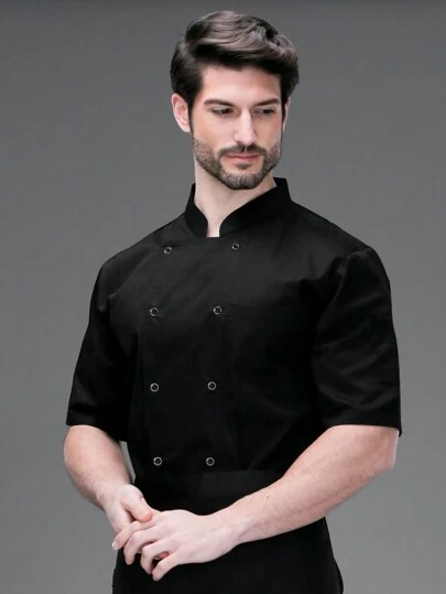1pc Chef Coat, Unisex Stand Collar Double-Breasted Short Sleeve Breathable Lightweight Comfortable Chef Jacket