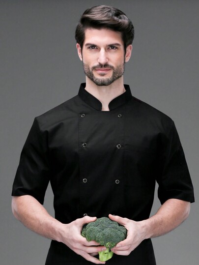 1pc Chef Coat, Unisex Stand Collar Double-Breasted Short Sleeve Breathable Lightweight Comfortable Chef Jacket