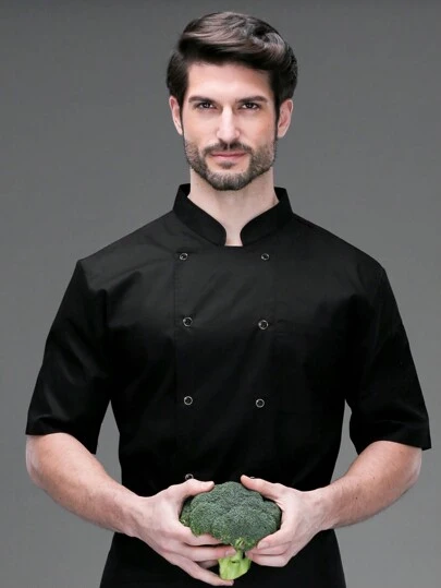 1 pieza Chaqueta de Chef, cuello alto unisex de doble botonadura de manga corta transpirable y ligera, chaqueta de chef cómoda