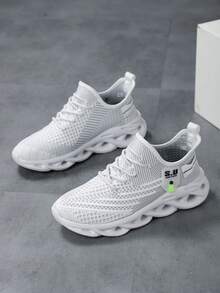 男士时尚编织鞋底运动鞋，舒适轻便系带跑鞋，透气网眼 - 白色 - 查看 4