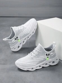 男士时尚编织鞋底运动鞋，舒适轻便系带跑鞋，透气网眼 - 白色 - 查看 5
